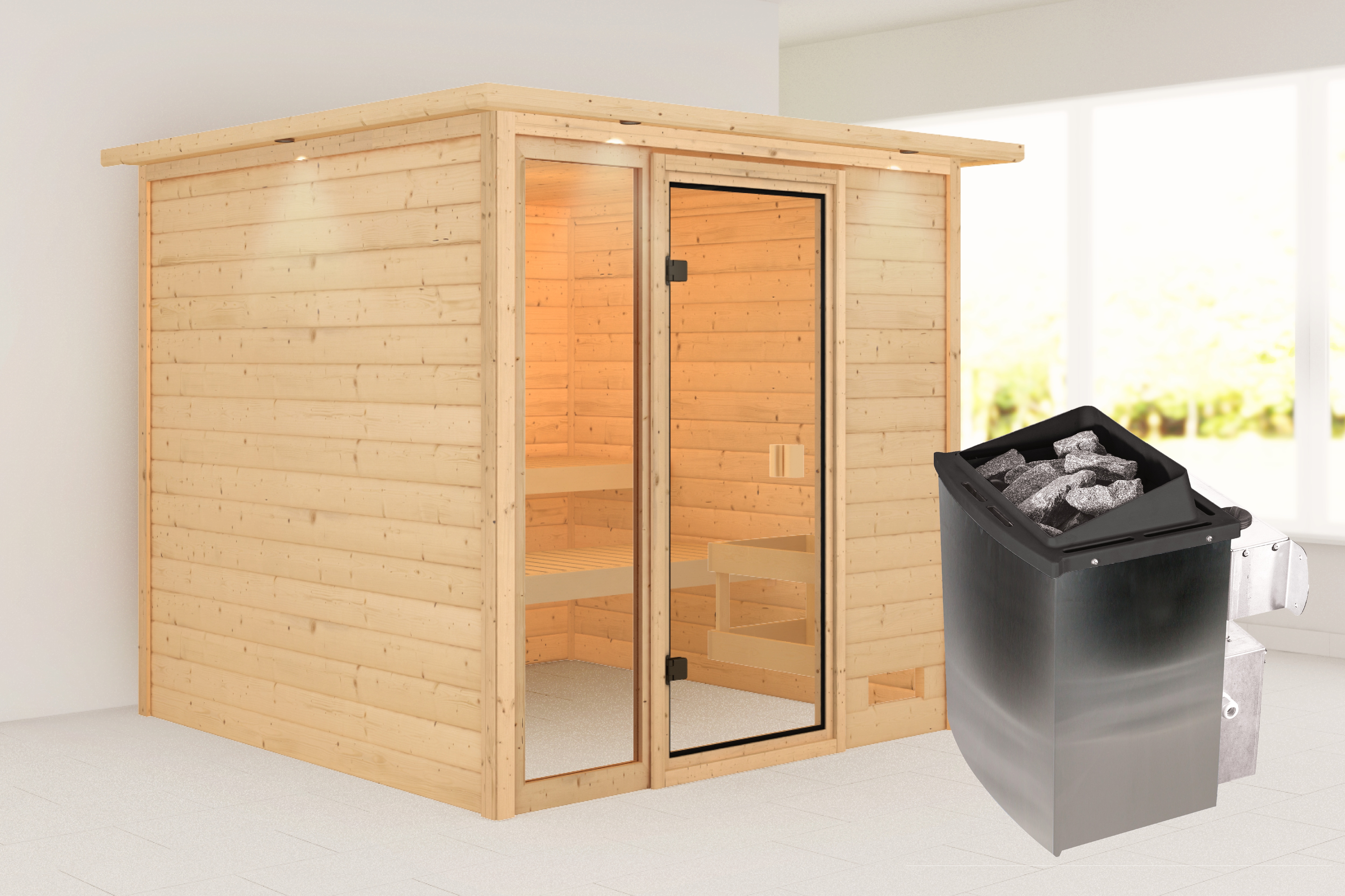 Sauna KARIBU "Jackie" mit bronzierter Tür und Kranz, naturbelassen", beige (naturbelassen), Saunaofen, integrierte Steuerung, 400 kW, Saunen, aus hochwertiger nordischer Fichte