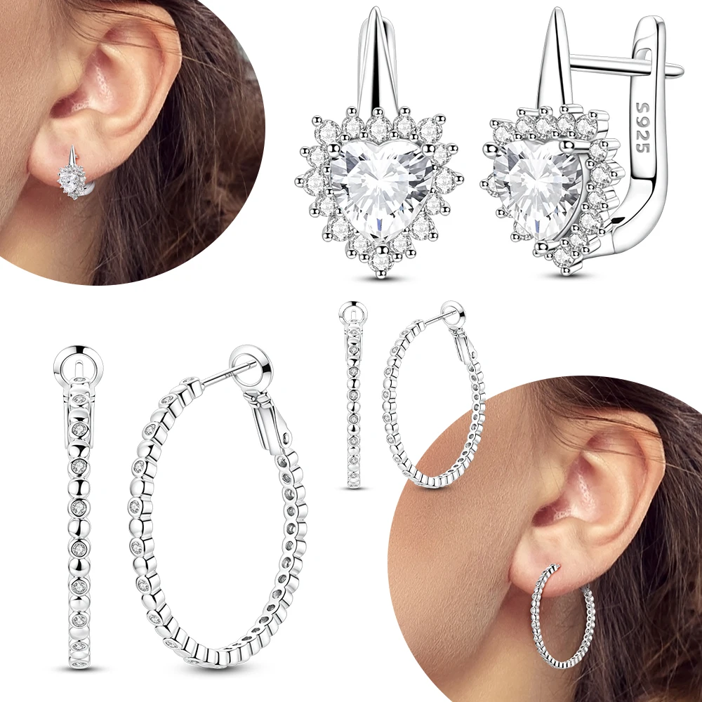 Ohrring Weiß Zirkon Herz Anhänger Frauen Original 925 Silber Einfache Elegante Ohrringe Valentinstag Geschenk Schmuck Frauen