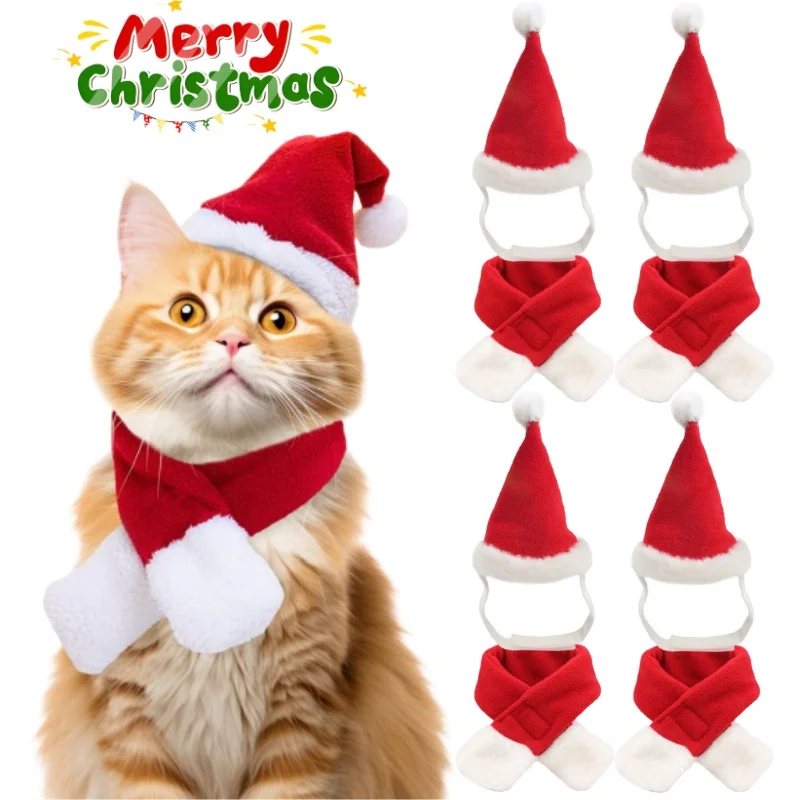 Haustier Hund Katze Weihnachtsmütze Kostüm Katze Weihnachtskostüm Haustierkleidung mit Mütze und Schal für Katzen, kleine Hunde, perfekt für Weihnachten Image