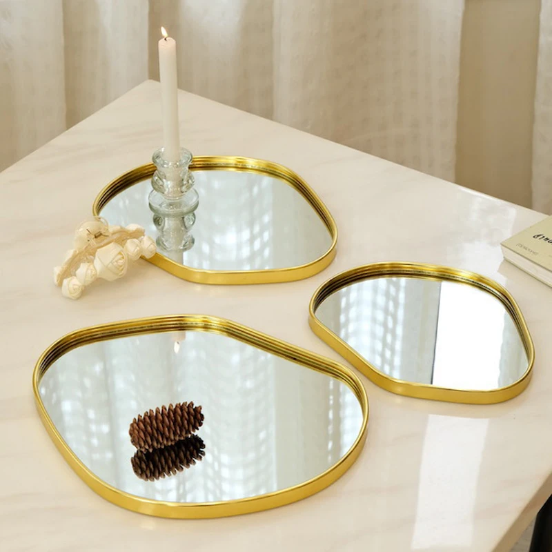 Goldenes Glasspiegel-Aufbewahrungstablett, polygonal geformter Hängespiegel, Sammelraum-Schmuck-Aufbewahrungstablett, Spiegelplatte