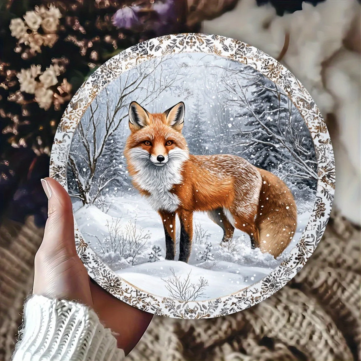 1 Stück rustikales rotes Fuchs-Winterthema, rundes Aluminiumschild, 20,3 x 20,3 cm (20 x 20 cm), Vintage-Dekor für Zuhause, Küche, Garten und Büro, perfekt
