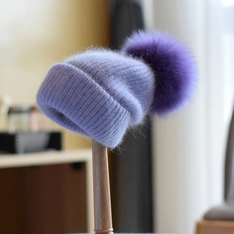 Donne invernali Ragazze vera pelliccia di volpe pom pom berretto beani lavorato a maglia Pelliccia di coniglio lavorato a maglia Skullies cappello Cashmere gorros
