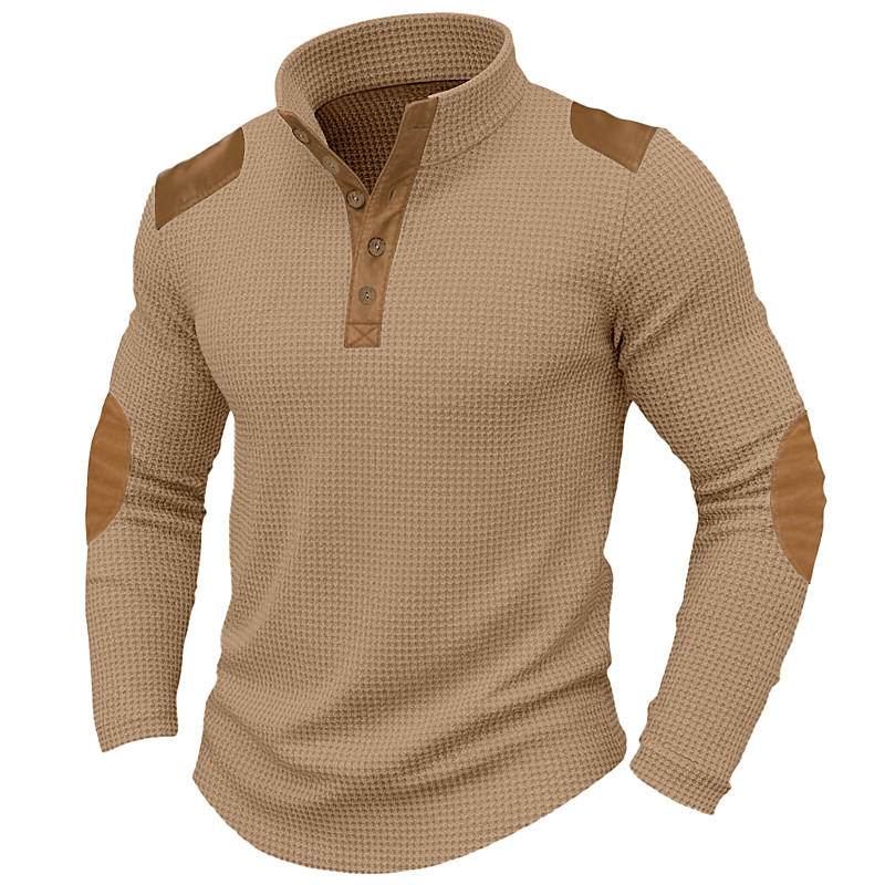 Men's T Shirt Waffle Henley Shirt Tee Top Shirts With Elbow Patches Long Sleeve Color Block Fashion Designer Basic Patchwork Stand Collar Henley Casual Vacation Street Fall Spring Fall Fall