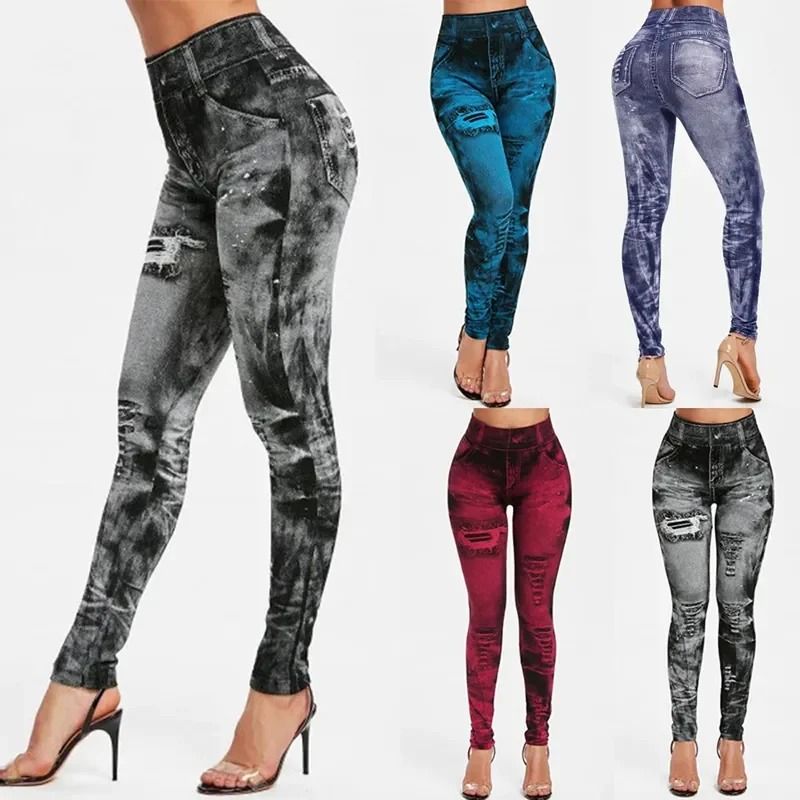 Women Stretch Denim Look Leggings High Waist Slim Fit Push Up Design grey xxl