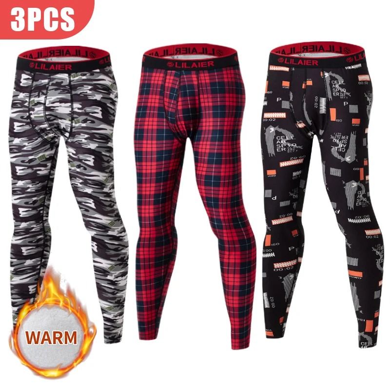 Mens Printed Warm Pants Autumn Winter Leggings Soft Comfortable Plus Size Underwear 2xl red 2pcs