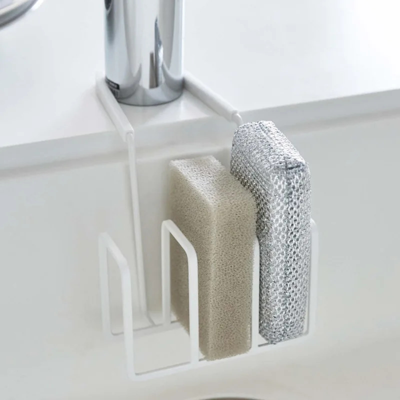 Household Kitchen Faucet Drain Rack Steel Wire Ball Sponge Storage Rack, Cleaning Brush Storage Sink Hanging Basket Rack white