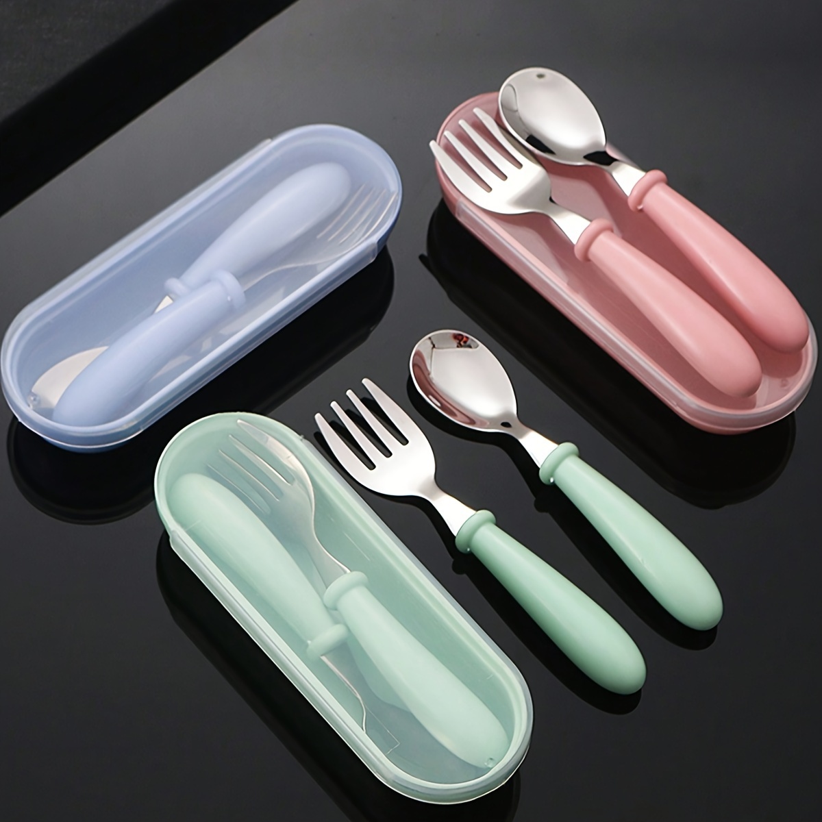 Useful Tableware Feeding Cutlery, Children's Portable Stainless Steel Spoon, Fork With Box, Baby Shower Gift Set blue