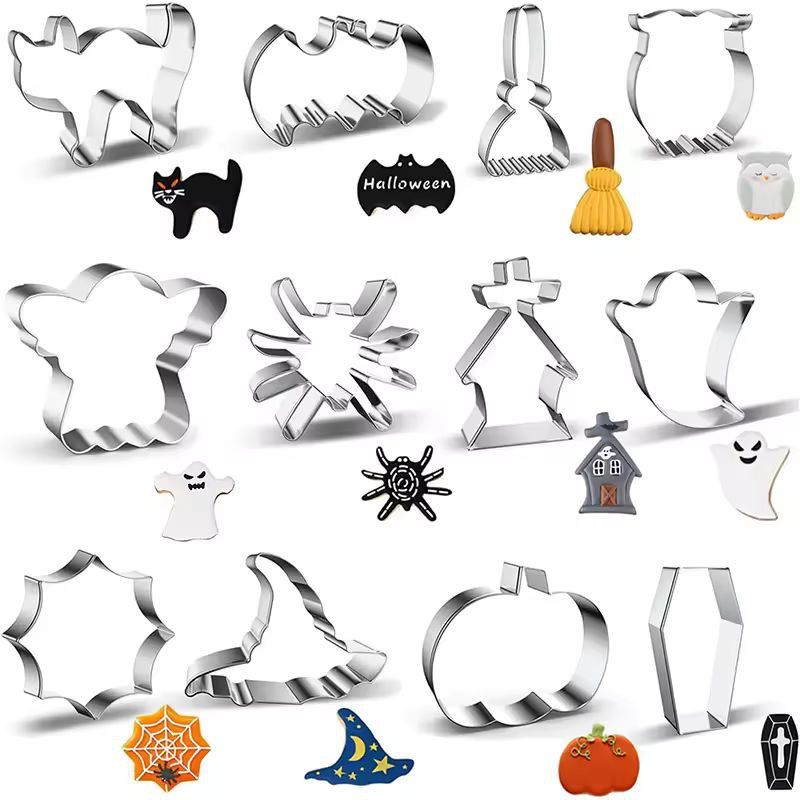 Festive Halloween Cookie Cutter Set, 12 Piece Stainless Steel Bat, Ghost & Pumpkin Shapes 12 Pieces