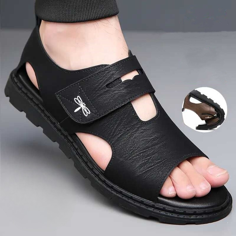 New Roman Sandals For Men, Comfortable Leather Beach Shoes, Soft Bottom Casual Shoes For Men black 39