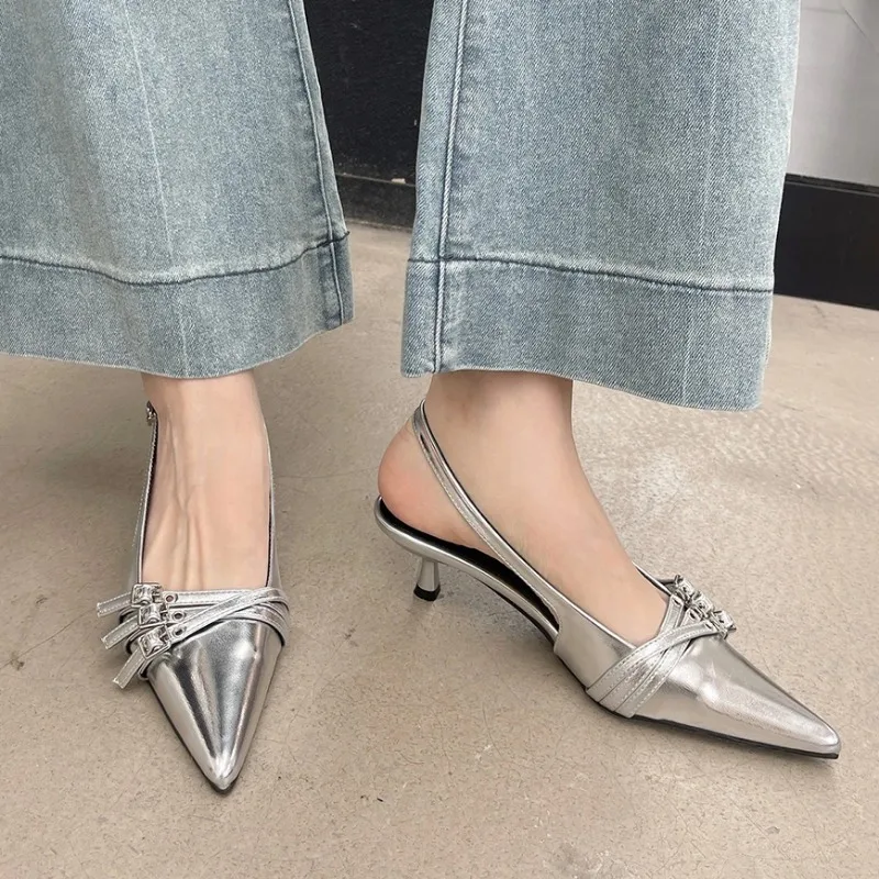 New Arrivals Pointed Toe Women Sandals Fashion Elastic Band Thin Mid Heels Red Black Silver Dress Shoes Woman Fashion silver 37