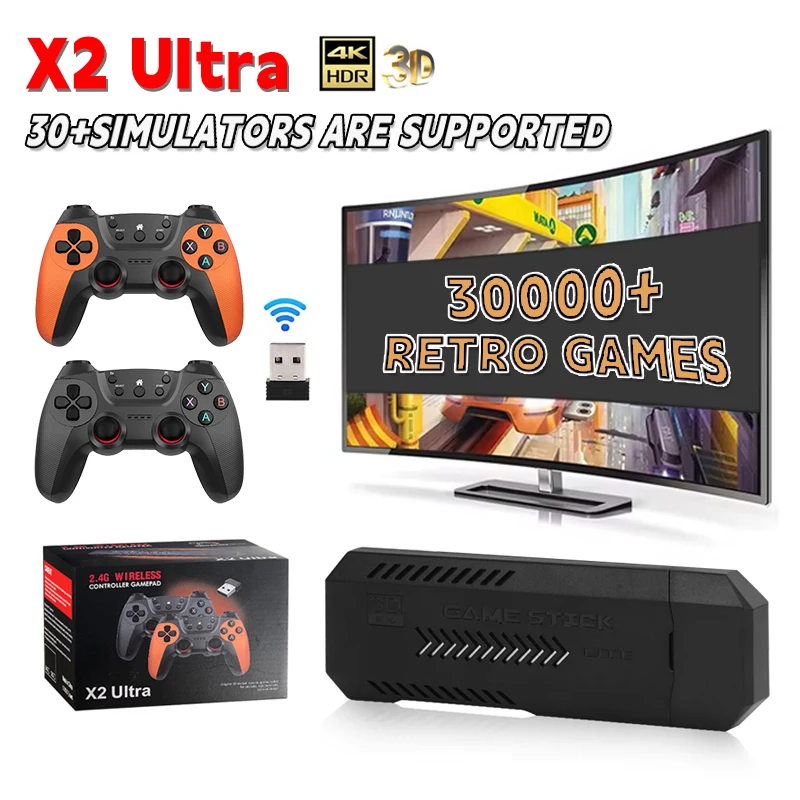 X2 Ultra 4K HD Console de jeu vidéo portable 2.4G contrôleur sans fil Plug & Play bâton de jeu rétro lecteur de jeu vidéo 64G/128G/256G