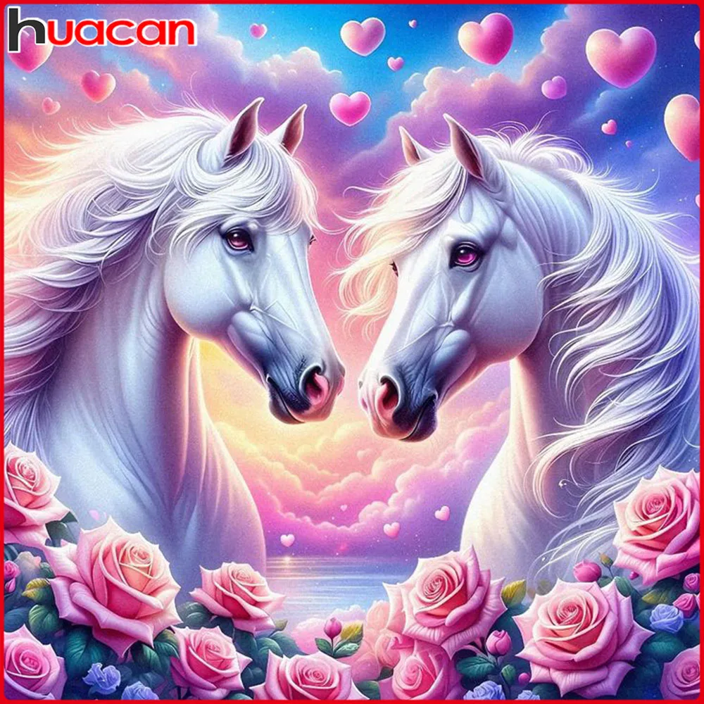 Huacan Vollquadrat Rundes Diamantgemälde Pferd Rose Diamant Mosaik Tier Blume Vollständiges Bild von Strasssteinen Image