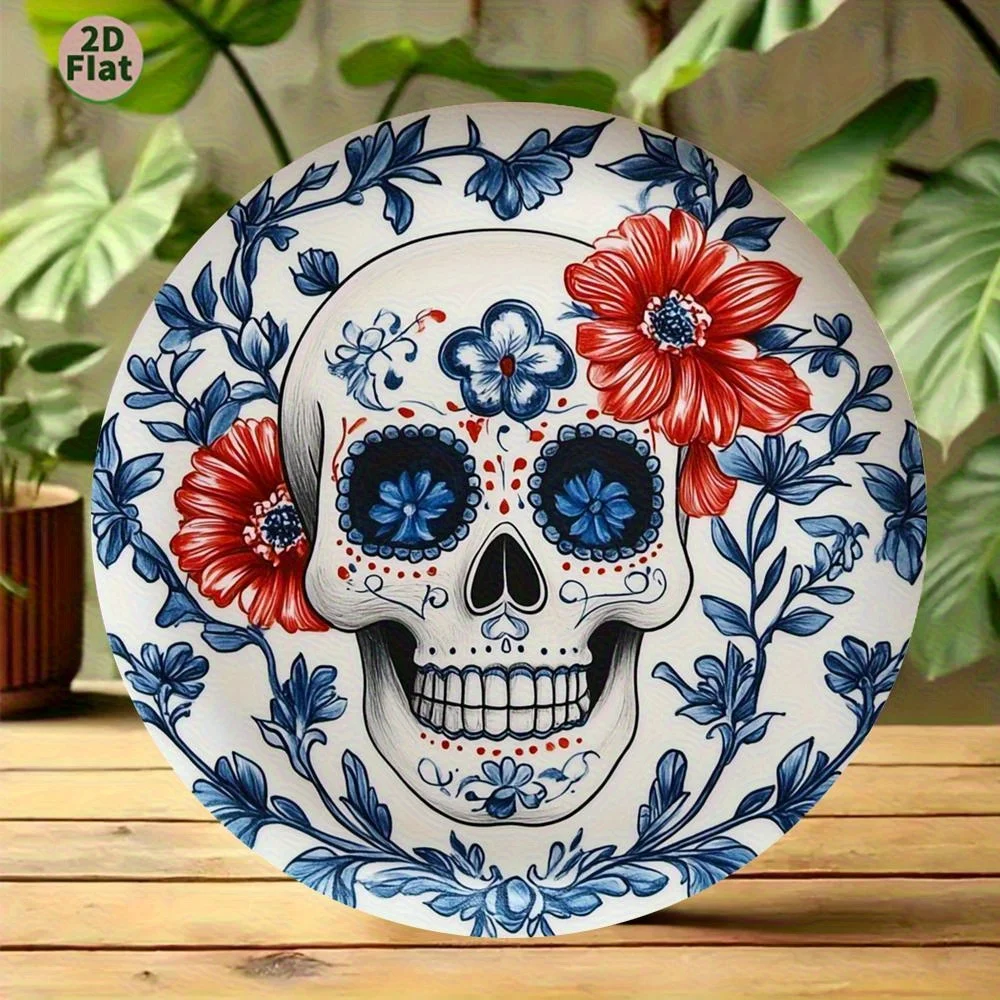 2D Flat, 2DFlat Day of the Dead Skull Holzwandkunst – Lebhaftes blaues und weißes Blumendesign, langlebiges 2D-Flattdekor für Bar, Hof,