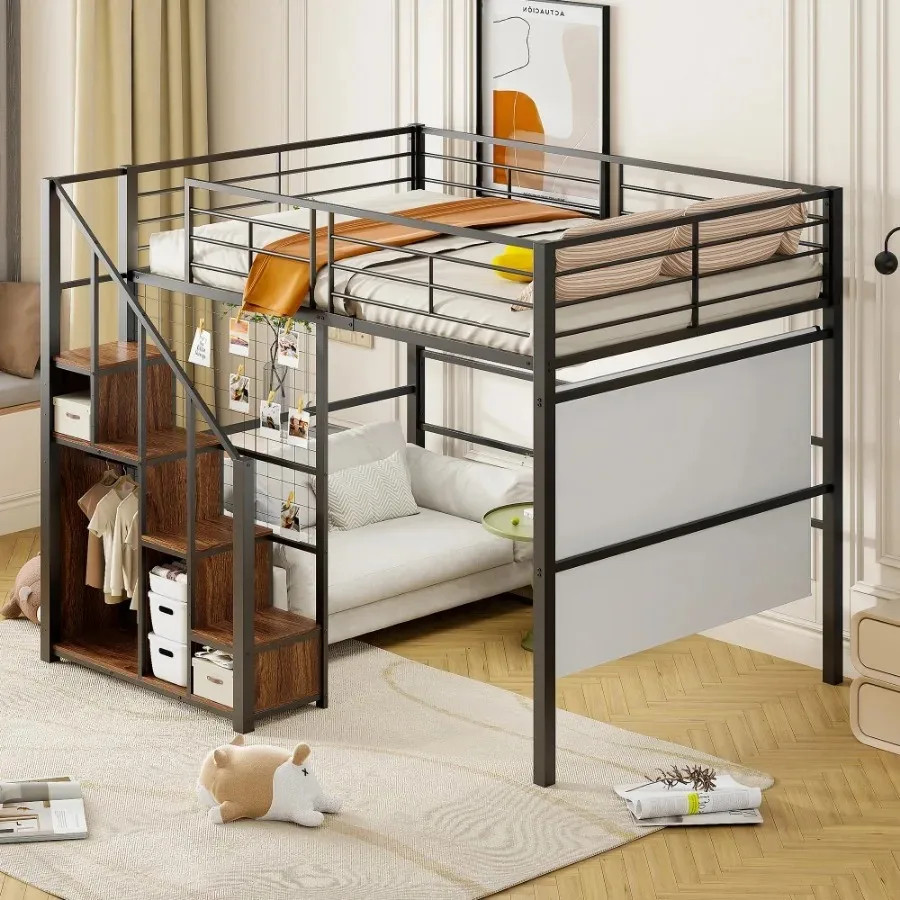 Hochbett 140x200 cm, Sicherheitsleiter, Metallrahmen, Regal, Jugendbett, Schwarz