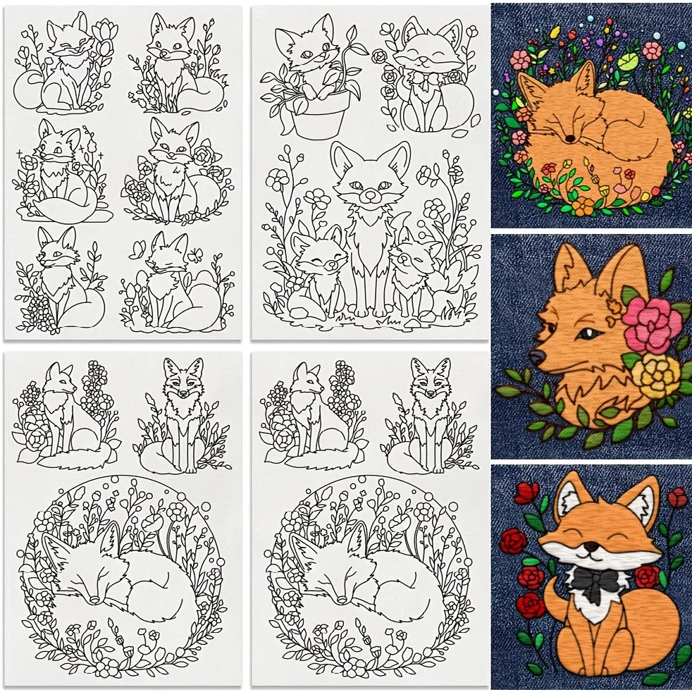 4 Stück handgefertigte Stickerei-DIY-Papier, Stabilisator mit Blumen- und Pflanzenfuchsmuster Image