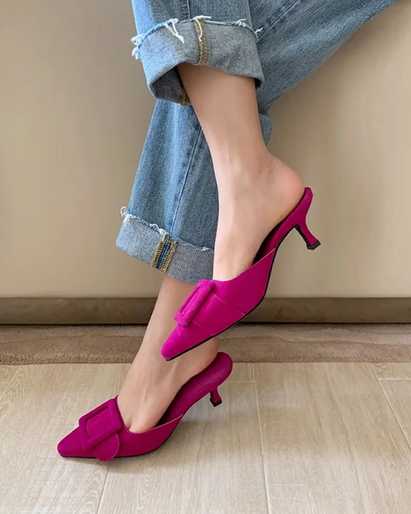2025 Womens Summer sandals Lady mules basic style shoes natual suede french style buckle slippers Women pump pointed toe size 42