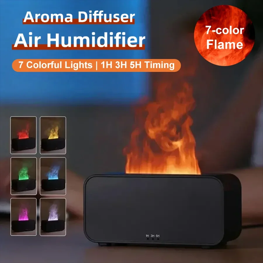1 x künstlicher Flammen-Aroma-Diffusor mit buntem Umgebungslicht, Diffusor für ätherische Öle, Luftbefeuchter für den Einsatz im Home-Office Image