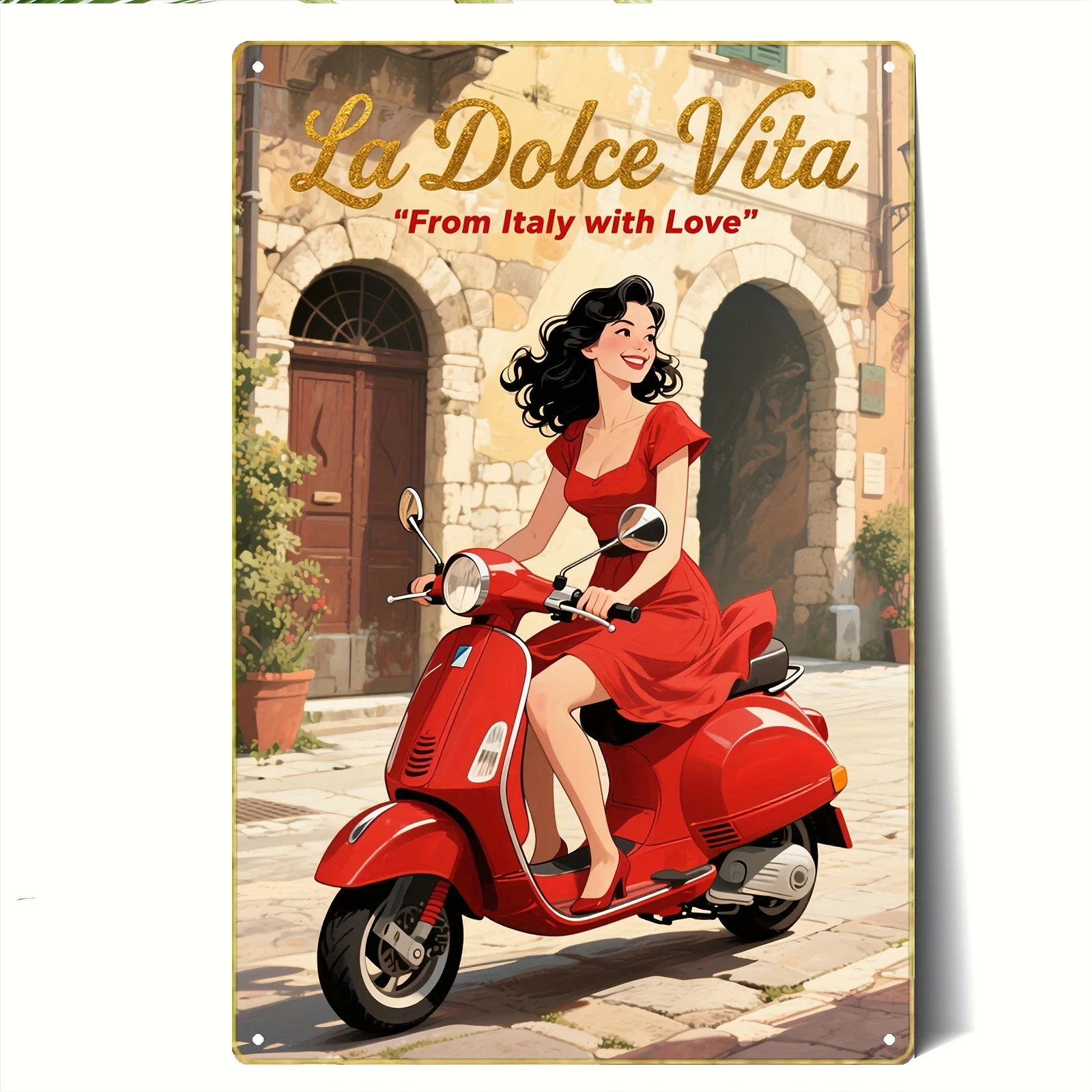 2D Flat – Vintage-Metallschild – La Dolce Vita | Roter Roller fahren durch die europäische Straßenszene | 20,32 x 30,48 cm große Eisenwandkunst