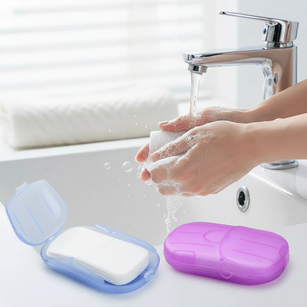 Bad Einweg Seife Papier Reise Bequem Waschen Hand Sauber Seife Papier Mini Badezimmer Papier Scheibe Seife Image