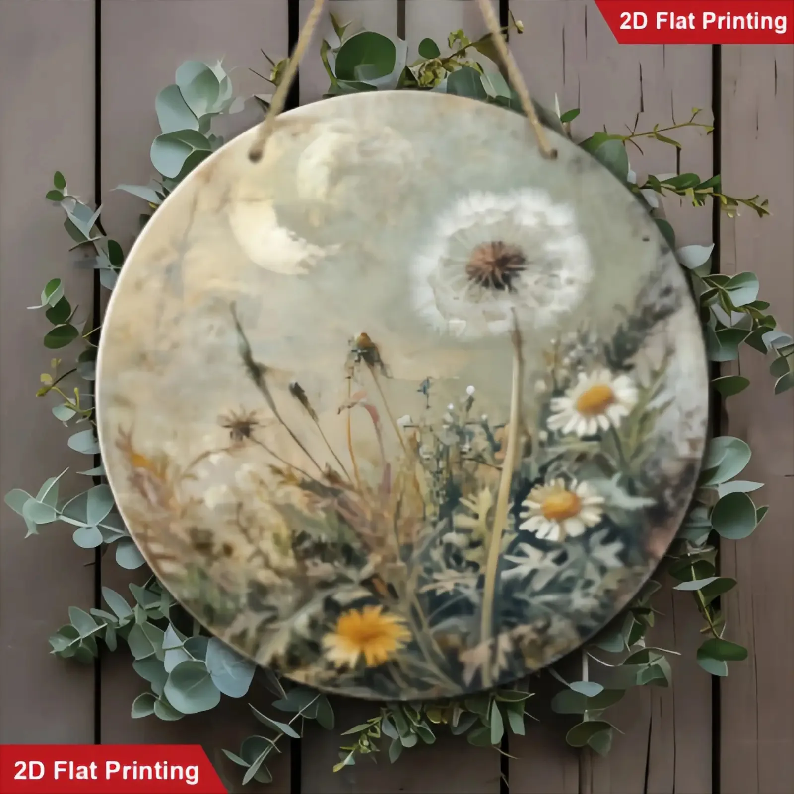 2D flach, 1 Stück, 2D flach, Holzdekoration-Hängeschild, Vintage-Löwenzahn rund aus Holz, geeignet für Zuhause, Garten und Café