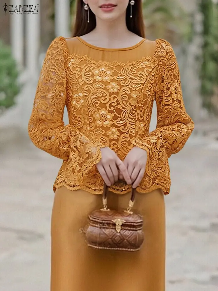2025 ZANZEA Autunno Patchwork Del Merletto Camicetta Delle Donne Alla Moda Top A Maniche Lunghe Camicia Da Ufficio Elegante Scava Fuori Slim Fit Blusas Femme