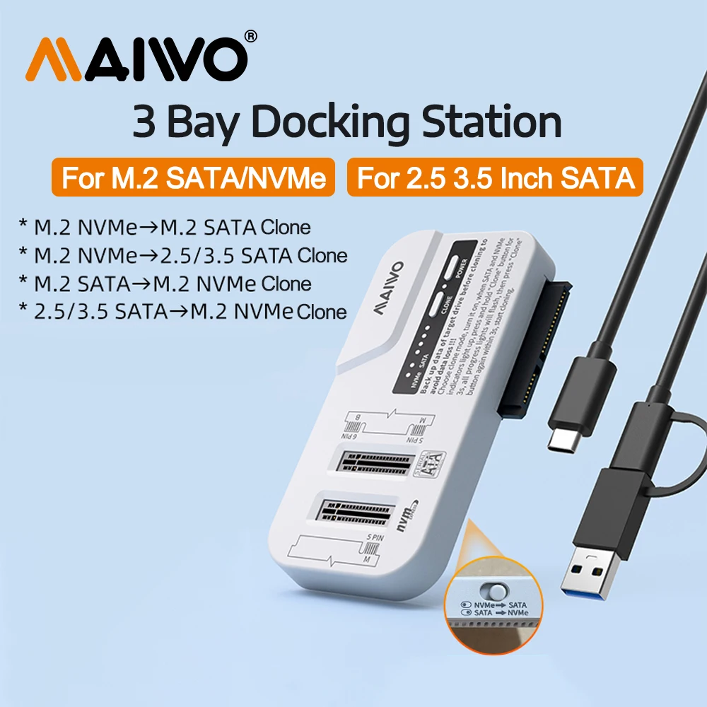 Custodia SSD MAIWO M.2 NVMe/SATA a 3 alloggiamenti per custodia SSD HDD da 2,5 "3,5" Docking station SSD M2 NVME NGFF da 10 Gbps con clone da ufficio