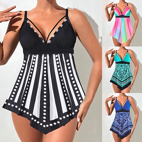 Damen Tankini 2-Teiler Badeanzug Rock Bauchkontrolle Hohe Taille Schlank Rückenfrei Urlaub Strandbekleidung Floral Farbblock V-Ausschnitt Ärmellose Bademode Image