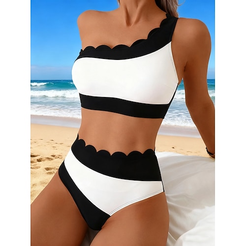 Damen Bikini 2 Teilig Badeanzug Unterdraht Colorblock Unterteile Slim Rückenfrei Urlaub Strandmode Color Block Asymmetrischer Ausschnitt Ärmellose Badeanzüge Image