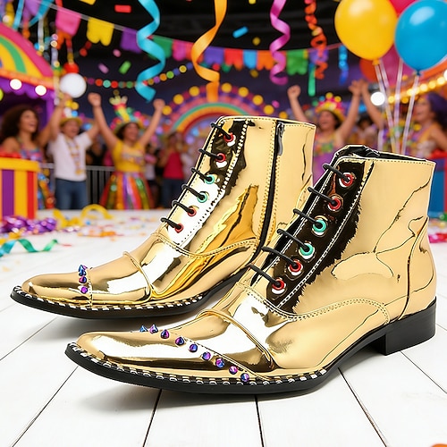 Männer Mardi Gras Gold und Regenbogen Nieten-Stiefel – Modische 100% Premium Rindsleder mit einzigartigen farbenfrohen Nieten Ideal für Karneval Partys und festliche Anlässe Image