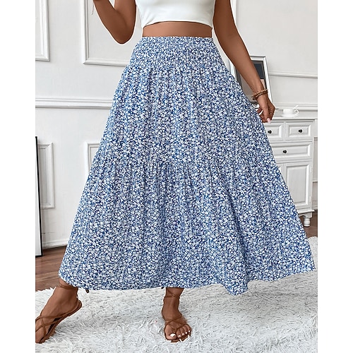 Damen Mode Lässig Maxi Hohe Taille Röcke Blumenmuster Druck Fließend Mikroelastisch Täglich Straße Blau Amethyst Schwarz Gelb Sommer Polyester Image