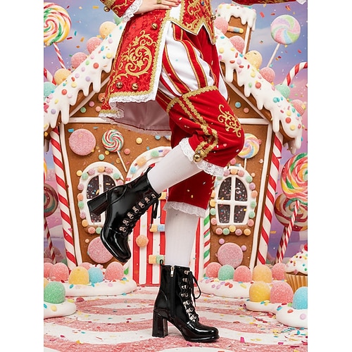 Damen Mardi Gras gelbe Lack-Kunstleder-Schnür-Mode-Stiefel mit dicken Absätzen – Kühn und stilvoll für Karneval Festivals und fröhliche Feiern Image