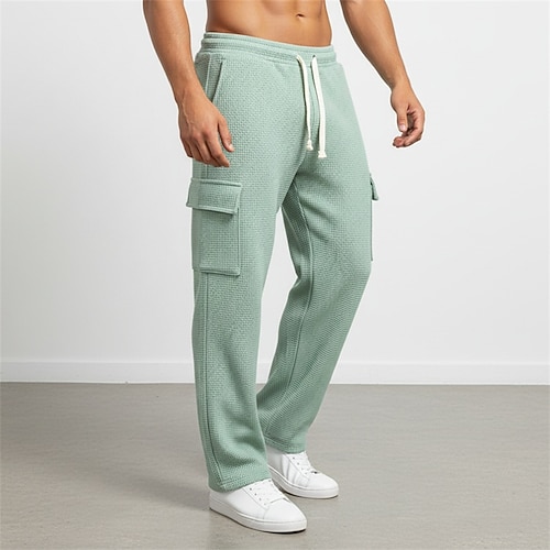 Herren Waffel Cargo-Hosen Cargo-Jogginghose Hose Gerade geschnittene Sweatpants Kordelzug Elastischer Bund Mehrere Taschen Einfach Komfort Feuchtigkeitsableitend Volle Länge Lässig Täglich Sport im Image