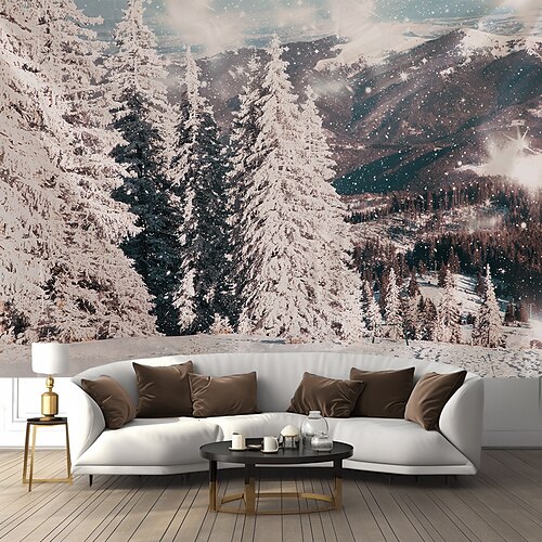 Winterliche Schneelandschaft – Wandteppich, große Wandteppichdekoration, Fotohintergrund, Stoffvorhänge, Zuhause, Schlafzimmer, Wohnzimmer Image