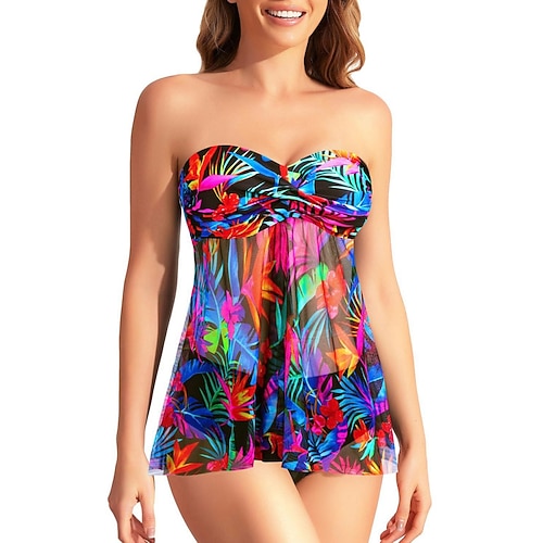 Damen Tankini 2 Teilig Badeanzug Unterdraht Frech Bauchkontrolle Hohe Taille Slim Rückenfrei Urlaub Strandmode Blumen Strapless Ärmellose Badeanzüge Image