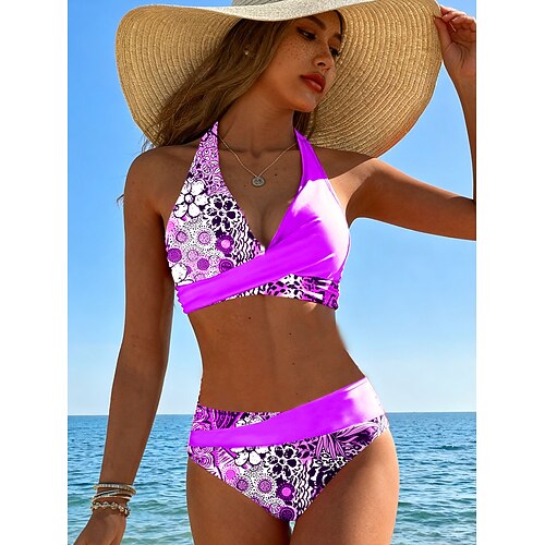 2-teiliger Damenbikini Badeanzug Frech Modisch Stilvolle Blumengrafik Ärmellos Badeanzüge Image