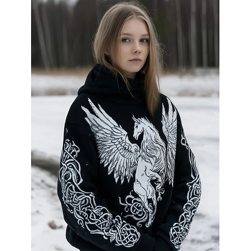 Damen Kapuzenpullover Grafik Tiermotiv Stammes Elegant Punk Vintage Langarm Mit Kapuze Normale Oberteile Lässig Heim Straße Schwarz Weiß Beige Herbst