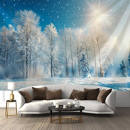 Großes Wandbild mit Winterschneelandschaft, Wandteppich-Dekoration, Fotohintergrund, Stoffvorhänge für Zuhause, Schlafzimmer, Wohnzimmer Image