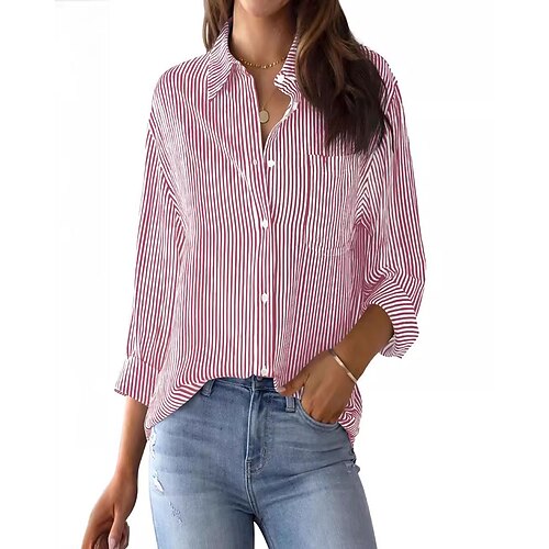 Damen Hemd Bluse Tasche Knöpfe Gestreift Elegant Stilvoll Langarm Hemdkragen Normale Oberteile Täglich Ferien Ausgehen Blau Gelb Rote Purpur Grün Herbst Image