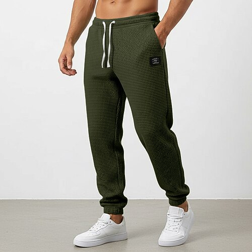 Herren Waffel Jogginghose Jogginghose Jogger Hose Freizeithose Kordelzug Elastischer Bund Einfarbig Komfort Volle Länge Täglich Outdoor Streetwear Urlaub Mode Schwarz Weiß Dehnbar Image