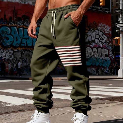 Herren Jogginghose Fleecehose Hose Winterhose Kordelzug Tasche Elastischer Bund Gestreift Komfort Warm Knielang Outdoor Täglich Ferien Urlaub Mode Schwarz Armeegrün Mikroelastisch Image