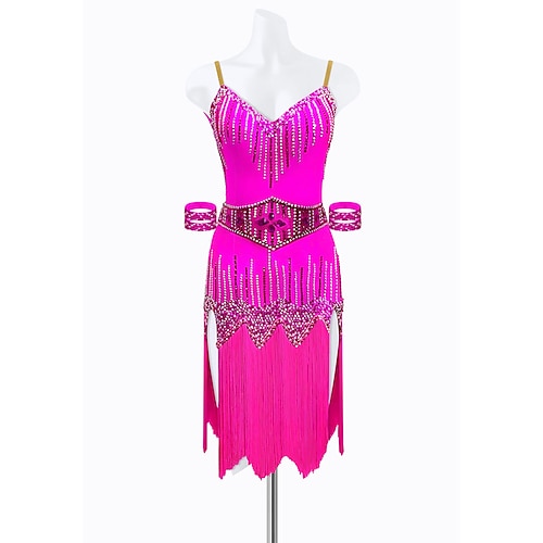 Damen-Lateintanzkleid-Set in leuchtendem Pink mit Strassfransen – Paillettenoberteil, Schmuckgürtel Manschetten, asymmetrisches Ballsaalkostüm Image