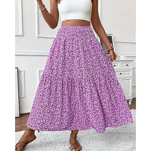 Damen Mode Lässig Maxi Hohe Taille Röcke Blumenmuster Druck Fließend Mikroelastisch Täglich Straße Blau Amethyst Schwarz Gelb Sommer Polyester