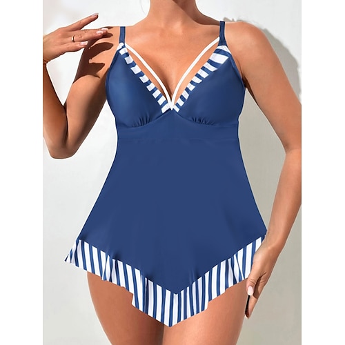 Damen Tankini 2-teilig Badeanzug Frecher Bauchkontrolle Hohe Taille Schmal Rückenfrei Urlaubs Strandbekleidung Grafik Farbblock V-Hals Ärmellose Badeanzüge Image