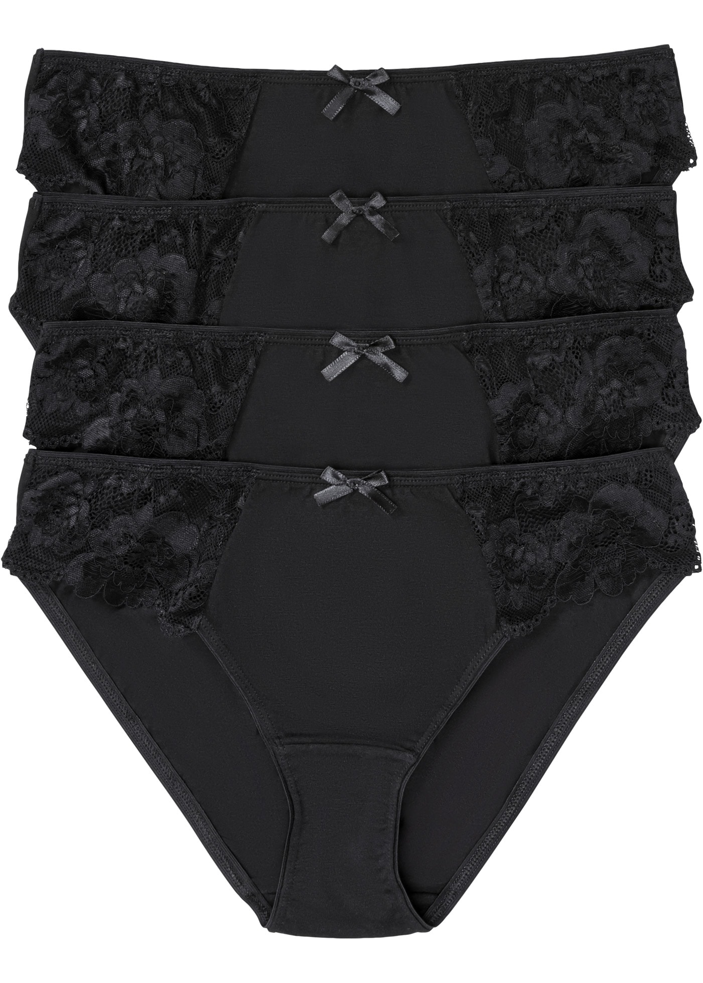 Slip BONPRIX, Damen, Gr. 48/50 (XL), 4 Stk., schwarz, Obermaterial: 95% Baumwolle, 5% Elasthan. Spitze: 90% Polyamid, 10% Elasthan, Unterhosen Slip, Slip mit Spitze (4er Pack)