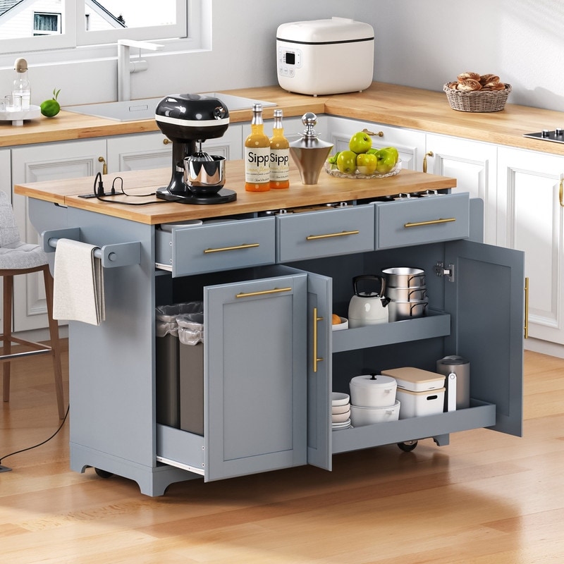 Rolling Kitchen Island with Rubber Wood Drop Leaf and Trash Can Storage