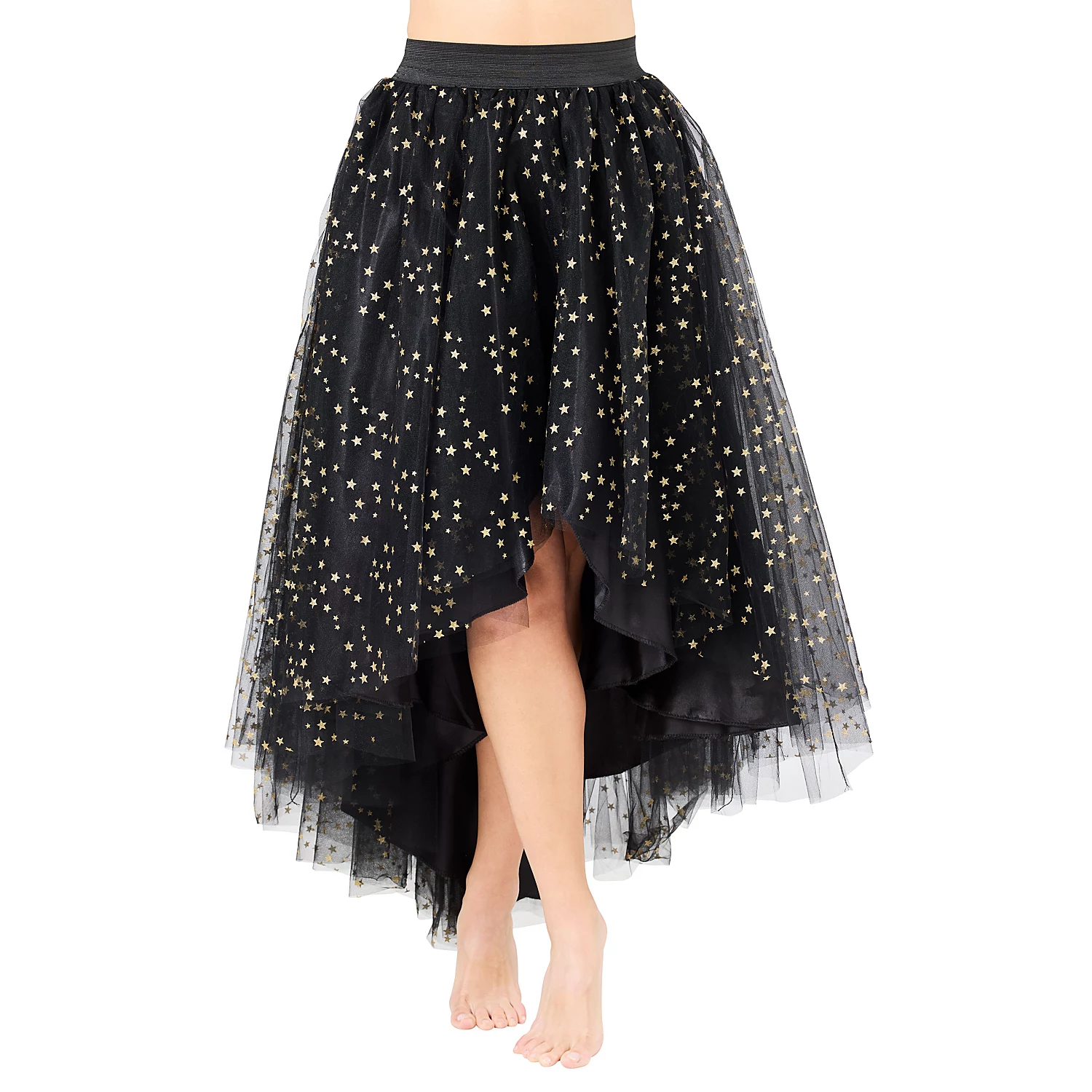 Jupe longue coupe mulet en tulle "Étoiles", noir/doré