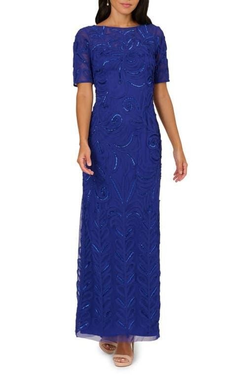 Petite Soutache Column Boat Neck Long Dress - Blue - Adrianna Papell Dresses