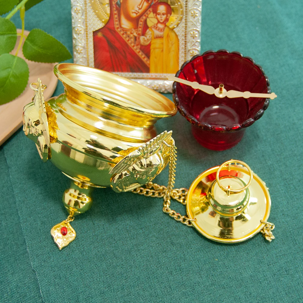 HTISOK Orthodoxe hängende Öllampe, orthodoxe Straföllampe, Zinklegierung, Öllampe, Glasbecher, Engelsstatue, Dochtständer, Heimdekoration