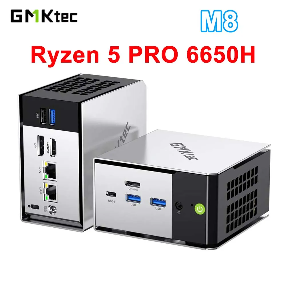 GMKtec M8 Ryzen 5 Pro 6650H Mini PC Windows 11 Pro LPDDR5 WIFI6E BT5.2 PCIE 3.0 M.2 2280 SSD 2*2.5G LAN ordinateur de jeu de bureau