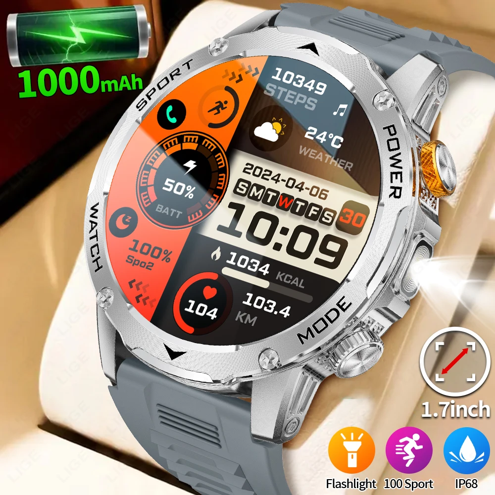 Neue Smart Uhr Männer 1000 mAh Batterie 1,7 zoll AMOLED HD Display Herzfrequenz Outdoor Taschenlampe Bluetooth Anruf Gesundheit Smartwatch männer Image